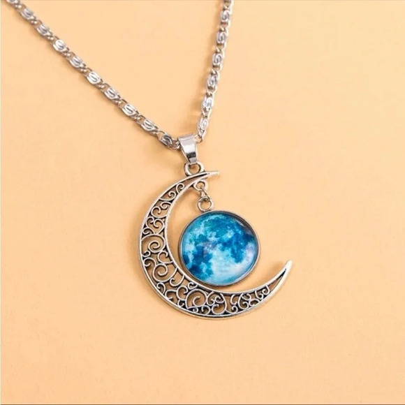 Glow in the Dark Moon Necklace | Crescent Lunar Pendant Silver Chain - Picture 3 of 4